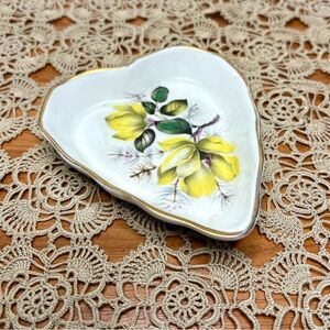 Vintage White Ceramic China Yellow Floral Heart Shaped Trinket Dish Gold Trim